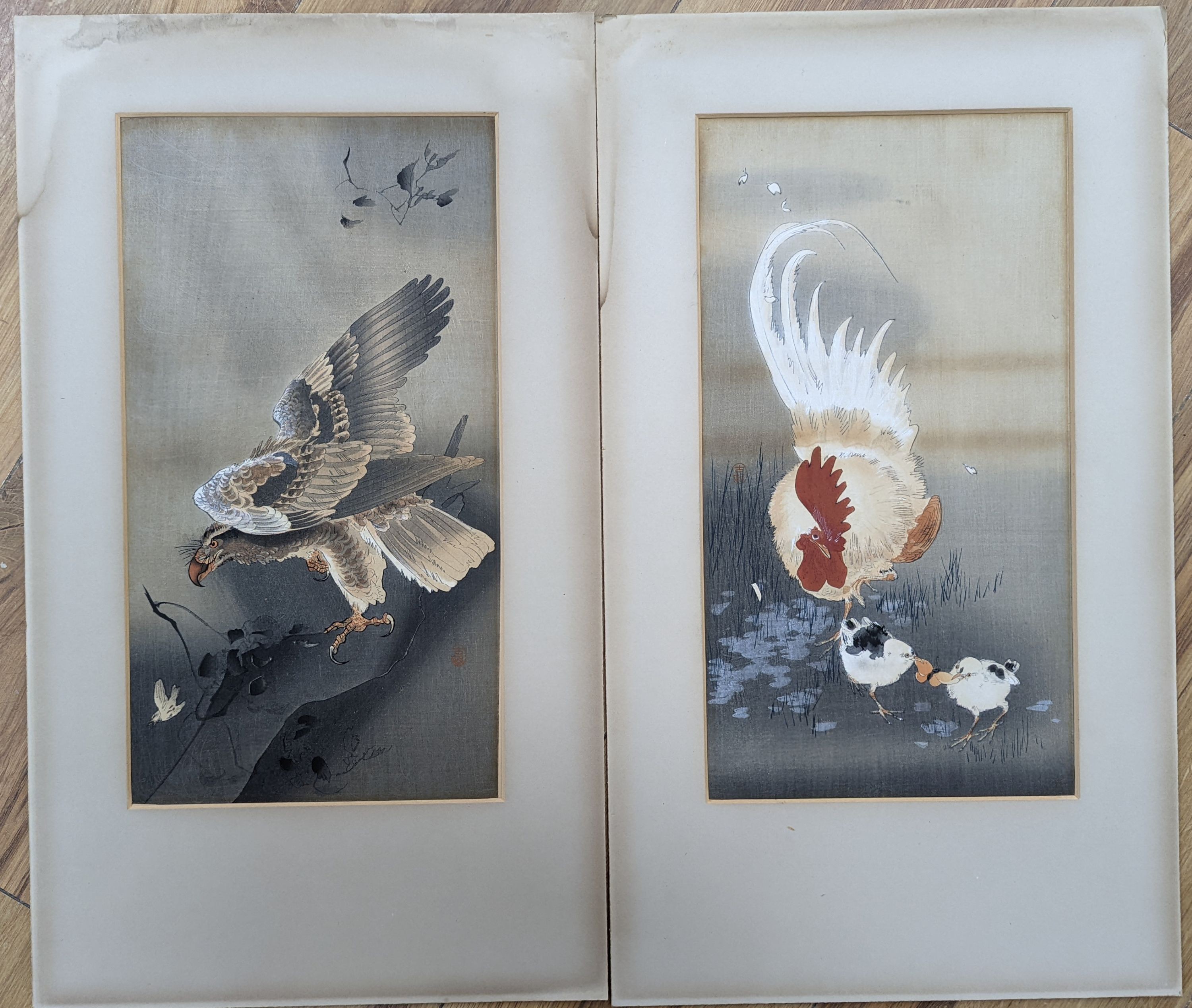 Ohara Koson (1877-1945), pair of woodblock prints, Study of chickens and an eagle, 34 x 18cm, unframed